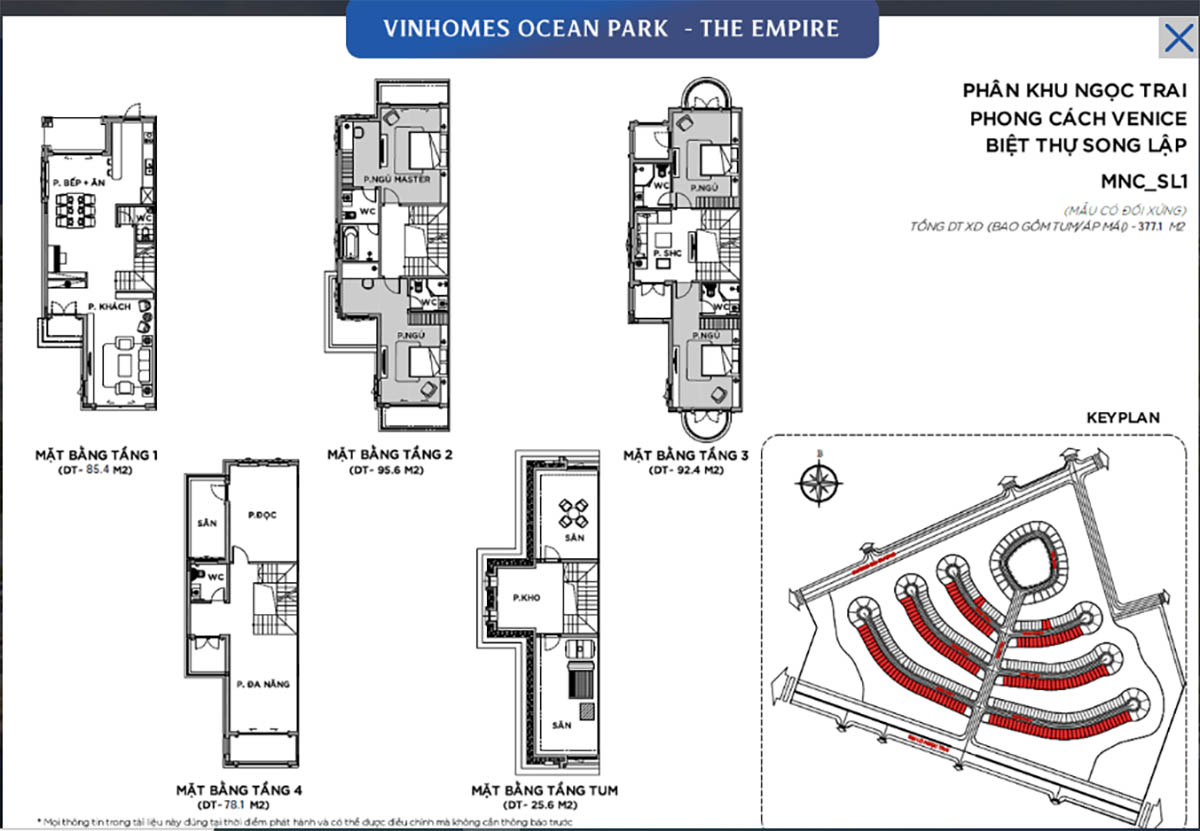 Mặt bằng biệt thự song lập phân khu Ngọc Trai Vinhomes Ocean Park 2